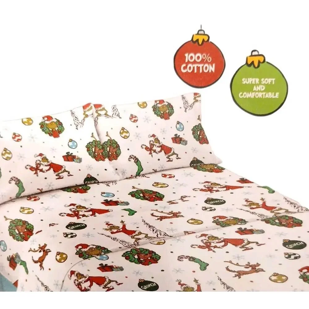 THE‎ GRINCH Christmas Sheet Set Sz Full Flannel Cotton 3 Pc Holiday Warm SUESS